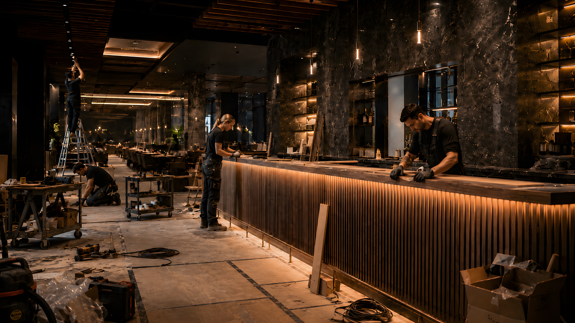 Restaurang under uppbyggnad med upplyst bar och hantverkare i arbete